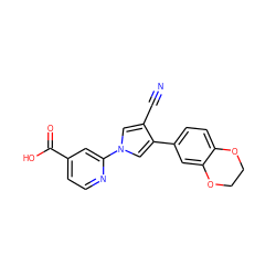 N#Cc1cn(-c2cc(C(=O)O)ccn2)cc1-c1ccc2c(c1)OCCO2 ZINC000200833031