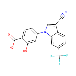 N#Cc1cn(-c2ccc(C(=O)O)c(O)c2)c2cc(C(F)(F)F)ccc12 ZINC000118569943