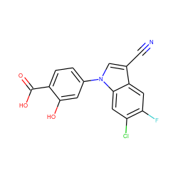 N#Cc1cn(-c2ccc(C(=O)O)c(O)c2)c2cc(Cl)c(F)cc12 ZINC000118564009