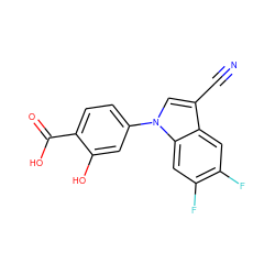 N#Cc1cn(-c2ccc(C(=O)O)c(O)c2)c2cc(F)c(F)cc12 ZINC000113276841