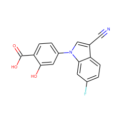 N#Cc1cn(-c2ccc(C(=O)O)c(O)c2)c2cc(F)ccc12 ZINC000118563106