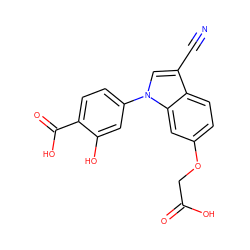 N#Cc1cn(-c2ccc(C(=O)O)c(O)c2)c2cc(OCC(=O)O)ccc12 ZINC000202394464