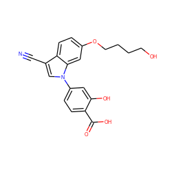 N#Cc1cn(-c2ccc(C(=O)O)c(O)c2)c2cc(OCCCCO)ccc12 ZINC000202394425