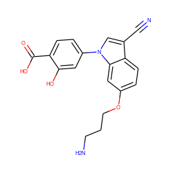 N#Cc1cn(-c2ccc(C(=O)O)c(O)c2)c2cc(OCCCN)ccc12 ZINC000202393326