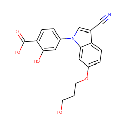 N#Cc1cn(-c2ccc(C(=O)O)c(O)c2)c2cc(OCCCO)ccc12 ZINC000202399990