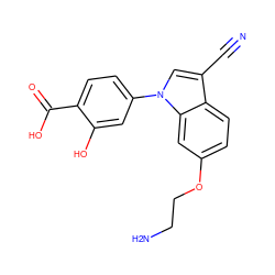 N#Cc1cn(-c2ccc(C(=O)O)c(O)c2)c2cc(OCCN)ccc12 ZINC000113277333