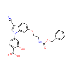 N#Cc1cn(-c2ccc(C(=O)O)c(O)c2)c2cc(OCCNC(=O)OCc3ccccc3)ccc12 ZINC000113275871