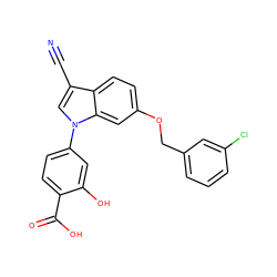 N#Cc1cn(-c2ccc(C(=O)O)c(O)c2)c2cc(OCc3cccc(Cl)c3)ccc12 ZINC000202401303