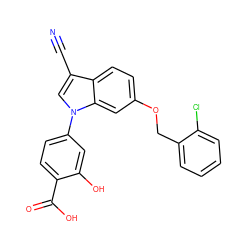 N#Cc1cn(-c2ccc(C(=O)O)c(O)c2)c2cc(OCc3ccccc3Cl)ccc12 ZINC000202394923