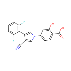 N#Cc1cn(-c2ccc(C(=O)O)c(O)c2)cc1-c1c(F)cccc1F ZINC000200827256