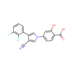 N#Cc1cn(-c2ccc(C(=O)O)c(O)c2)cc1-c1cccc(F)c1F ZINC000200831805