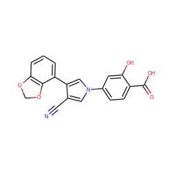 N#Cc1cn(-c2ccc(C(=O)O)c(O)c2)cc1-c1cccc2c1OCO2 ZINC000200848210