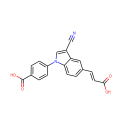 N#Cc1cn(-c2ccc(C(=O)O)cc2)c2ccc(/C=C/C(=O)O)cc12 ZINC000113275826