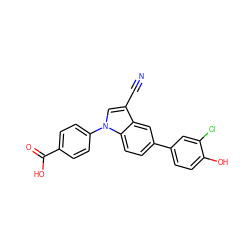 N#Cc1cn(-c2ccc(C(=O)O)cc2)c2ccc(-c3ccc(O)c(Cl)c3)cc12 ZINC000202400438