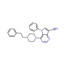 N#Cc1cn(-c2ccccc2)c2c(N3CCN(CCc4ccccc4)CC3)ncnc12 ZINC000653895412