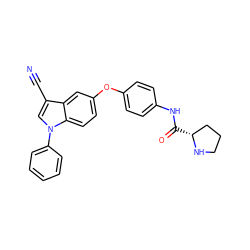 N#Cc1cn(-c2ccccc2)c2ccc(Oc3ccc(NC(=O)[C@@H]4CCCN4)cc3)cc12 ZINC000299867738