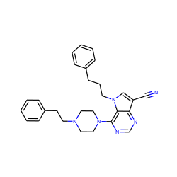 N#Cc1cn(CCCc2ccccc2)c2c(N3CCN(CCc4ccccc4)CC3)ncnc12 ZINC000653884627