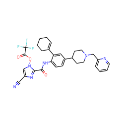 N#Cc1cn(OC(=O)C(F)(F)F)c(C(=O)Nc2ccc(C3CCN(Cc4ccccn4)CC3)cc2C2=CCCCC2)n1 ZINC000169701492