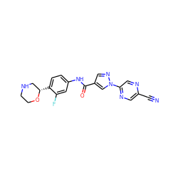 N#Cc1cnc(-n2cc(C(=O)Nc3ccc([C@H]4CNCCO4)c(F)c3)cn2)cn1 ZINC000149848223