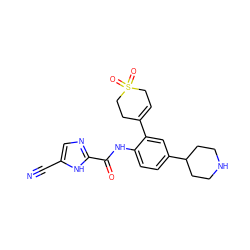 N#Cc1cnc(C(=O)Nc2ccc(C3CCNCC3)cc2C2=CCS(=O)(=O)CC2)[nH]1 ZINC000029046720