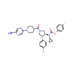 N#Cc1cnc(N2CCC(C(=O)N3C[C@@H](N(C(=O)Oc4ccc(F)cc4)C4CC4)[C@H](c4ccc(Cl)cc4)C3)CC2)cn1 ZINC000117729592