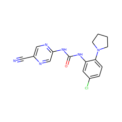 N#Cc1cnc(NC(=O)Nc2cc(Cl)ccc2N2CCCC2)cn1 ZINC000043014536