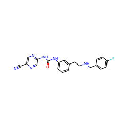 N#Cc1cnc(NC(=O)Nc2cccc(CCNCc3ccc(F)cc3)c2)cn1 ZINC000140089386