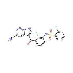 N#Cc1cnc2[nH]cc(C(=O)c3cccc(NS(=O)(=O)c4ccccc4F)c3F)c2c1 ZINC000113517196