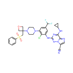 N#Cc1cnc2c(NC3CC3)nc(Nc3cc(C(F)F)cc(N4CCN(C5(CS(=O)(=O)c6ccccc6)COC5)CC4)c3Cl)nn12 ZINC000169711939