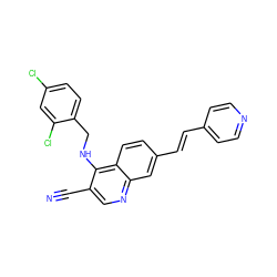 N#Cc1cnc2cc(/C=C/c3ccncc3)ccc2c1NCc1ccc(Cl)cc1Cl ZINC000026270215