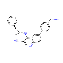 N#Cc1cnc2ccc(-c3ccc(CN)cc3)cc2c1N[C@@H]1C[C@H]1c1ccccc1 ZINC000028952934