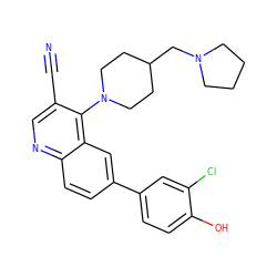 N#Cc1cnc2ccc(-c3ccc(O)c(Cl)c3)cc2c1N1CCC(CN2CCCC2)CC1 ZINC000114036839