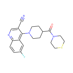 N#Cc1cnc2ccc(F)cc2c1N1CCC(C(=O)N2CCSCC2)CC1 ZINC000064473692