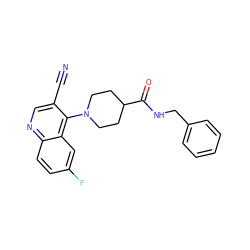 N#Cc1cnc2ccc(F)cc2c1N1CCC(C(=O)NCc2ccccc2)CC1 ZINC000038653582