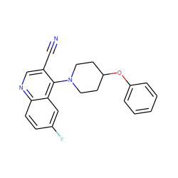 N#Cc1cnc2ccc(F)cc2c1N1CCC(Oc2ccccc2)CC1 ZINC001772584636