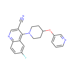 N#Cc1cnc2ccc(F)cc2c1N1CCC(Oc2cccnc2)CC1 ZINC001772570287