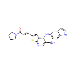 N#Cc1cnc2sc(/C=C/C(=O)N3CCCC3)cc2c1Nc1ccc2[nH]ccc2c1 ZINC000040404409