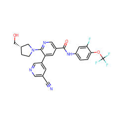 N#Cc1cncc(-c2cc(C(=O)Nc3ccc(OC(F)(F)F)c(F)c3)cnc2N2CC[C@H](CO)C2)c1 ZINC001772578186