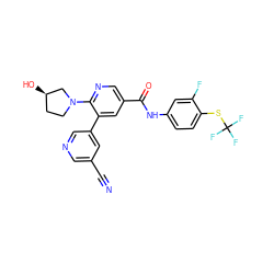 N#Cc1cncc(-c2cc(C(=O)Nc3ccc(SC(F)(F)F)c(F)c3)cnc2N2CC[C@@H](O)C2)c1 ZINC001772574246