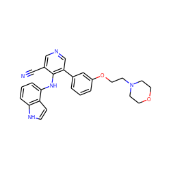 N#Cc1cncc(-c2cccc(OCCN3CCOCC3)c2)c1Nc1cccc2[nH]ccc12 ZINC000040874512