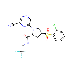 N#Cc1cncc(N2C[C@@H](S(=O)(=O)c3ccccc3Cl)C[C@@H]2C(=O)NCC(F)(F)F)n1 ZINC000167764678