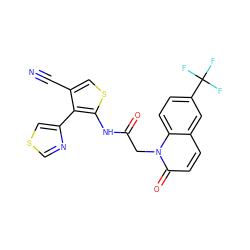 N#Cc1csc(NC(=O)Cn2c(=O)ccc3cc(C(F)(F)F)ccc32)c1-c1cscn1 ZINC000072181483