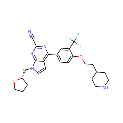 N#Cc1nc(-c2ccc(OCCC3CCNCC3)c(C(F)(F)F)c2)c2ccn(C[C@@H]3CCCO3)c2n1 ZINC001772631119