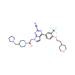 N#Cc1nc(-c2ccc(OCCC3CCOCC3)c(C(F)(F)F)c2)c2ccn(CC(=O)N3CCC(CN4CCCC4)CC3)c2n1 ZINC001772637644