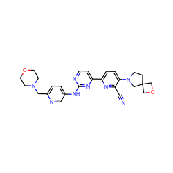 N#Cc1nc(-c2ccnc(Nc3ccc(CN4CCOCC4)nc3)n2)ccc1N1CCC2(COC2)C1 ZINC000221997603