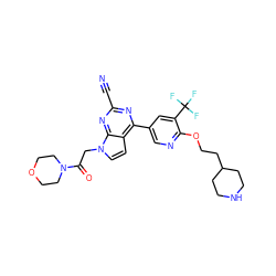 N#Cc1nc(-c2cnc(OCCC3CCNCC3)c(C(F)(F)F)c2)c2ccn(CC(=O)N3CCOCC3)c2n1 ZINC001772635988