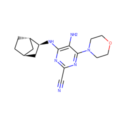 N#Cc1nc(N[C@H]2C[C@H]3CC[C@H]2C3)c(N)c(N2CCOCC2)n1 ZINC000101178503