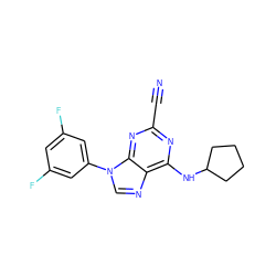 N#Cc1nc(NC2CCCC2)c2ncn(-c3cc(F)cc(F)c3)c2n1 ZINC000036380039