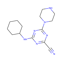 N#Cc1nc(NC2CCCCC2)nc(N2CCNCC2)n1 ZINC000006745699