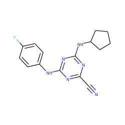 N#Cc1nc(Nc2ccc(F)cc2)nc(NC2CCCC2)n1 ZINC000013831512